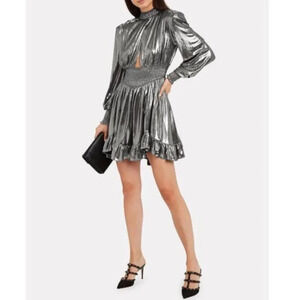 Retrofête Melody Gunmetal Silver Metallic Mock Neck Ruffled Mini Dress Size XS